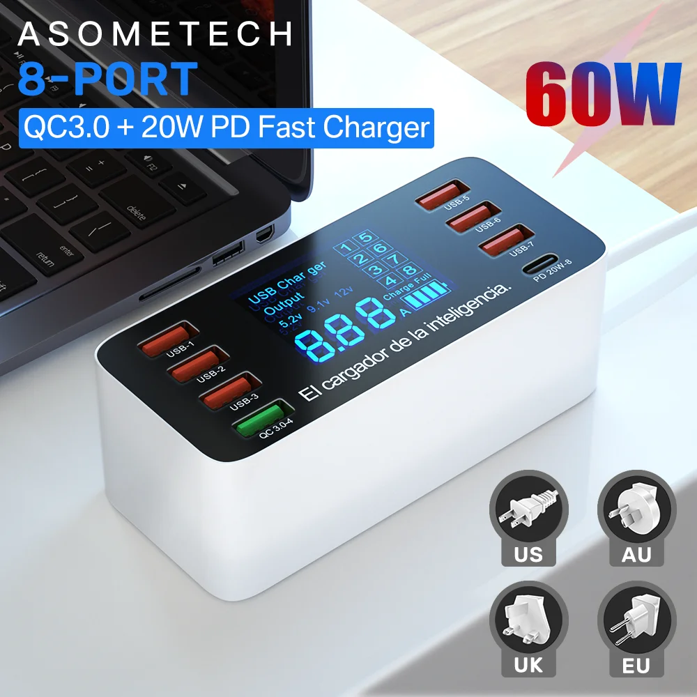 60 Вт Быстрая зарядка QC 3 0 4 USB зарядное устройство адаптер C телефон планшет