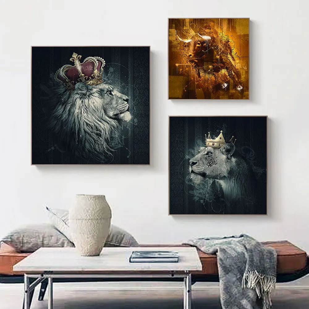 

Golden Animal Cattle and Lion Posters Fashion Street Graffiti Wall Art Prints Living Room Corridor Canvas Painting Decor Picture