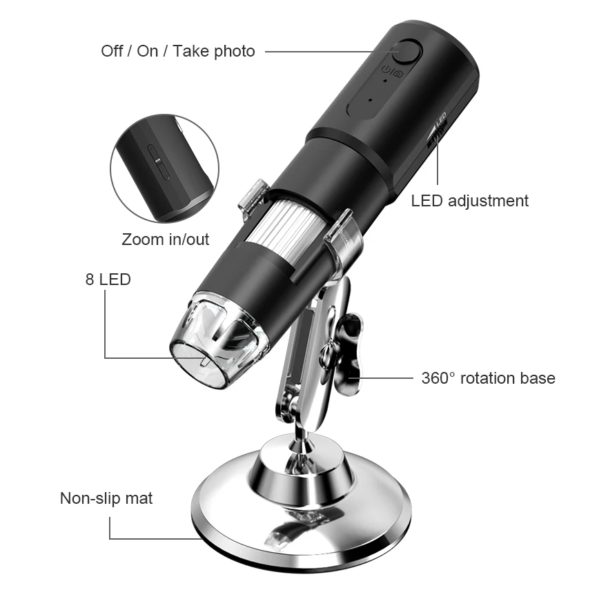 Multifunctional 50~1000X WIFI Wireless Digital Microscope Portable Mini Microscope Camera with 360 Rotation Base 8 LED Light