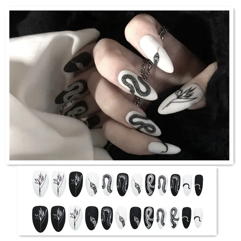

Black White Snake Fake Nails Various types press on Long Short oval Lady Full Cover Finished Fingernail NA01