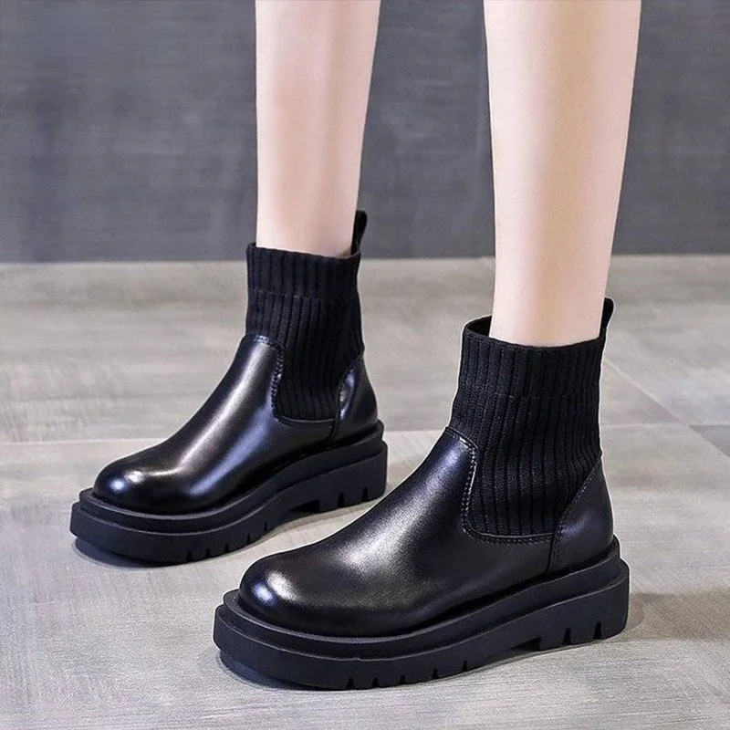 

2021 new Women PU Ankle Boots Slip on Elastic Autumn Female Shoes Motorcycle Botas size 35-40