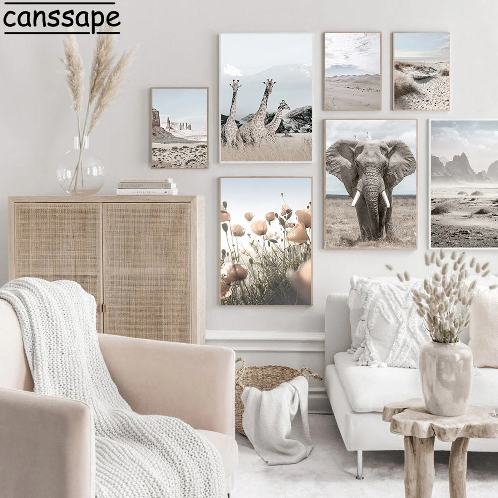 

Natural Landscape Art Painting Giraffe Elephant Poster Flower Posters And Prints Nordic Wall Pictures For Living Room Decoration