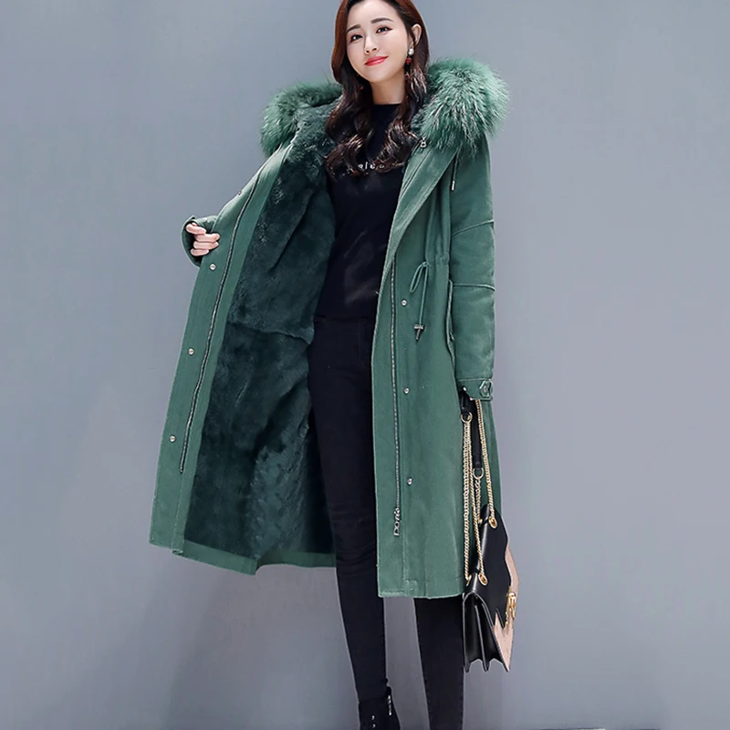 Новинка 2020 женские пальто длинные парки большой размер зеленый меховой воротник