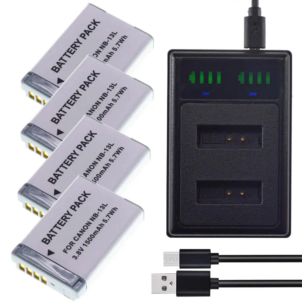 Набор из 4 шт. Батарея 1250 мА/ч + ЖК дисплей USB Зарядное устройство для Canon NB 13L CB 2LH