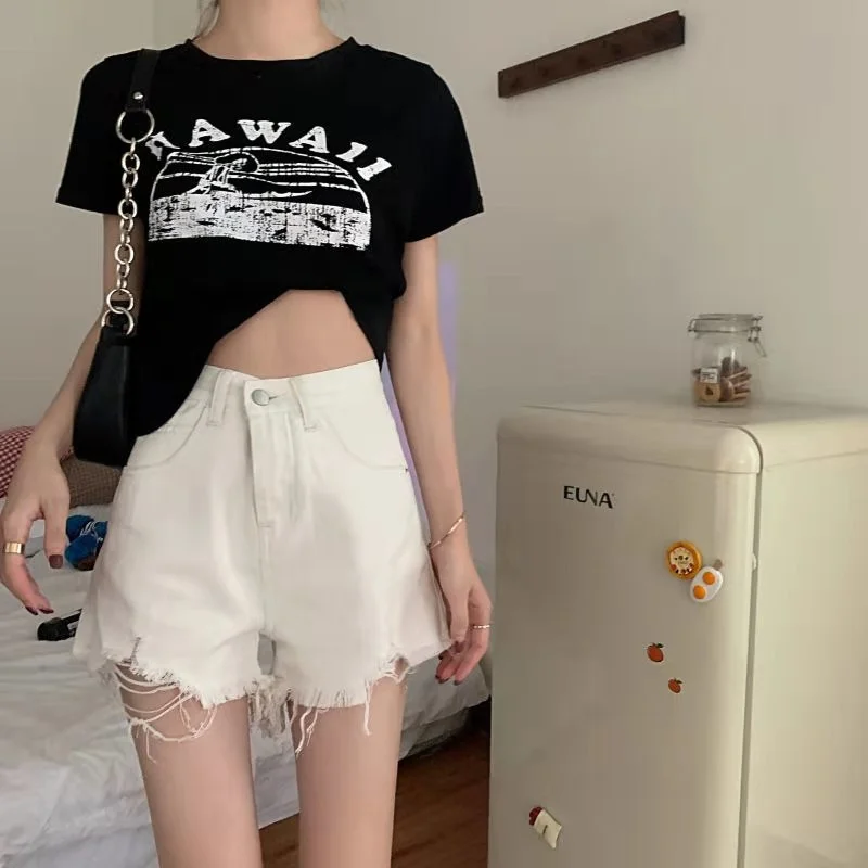 

Streetwear High waist width Leg Denim shorts For women 2021 New Jean shorts Women Summer Korean style Women Lose Shorts
