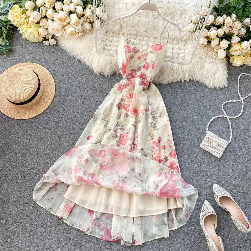 

2021 Summer Floral Print Sexy Spaghtti Strap Dress Women Beach Seaside Open Back Lace Up Super Fairy Dress Slim Fit Vestidos