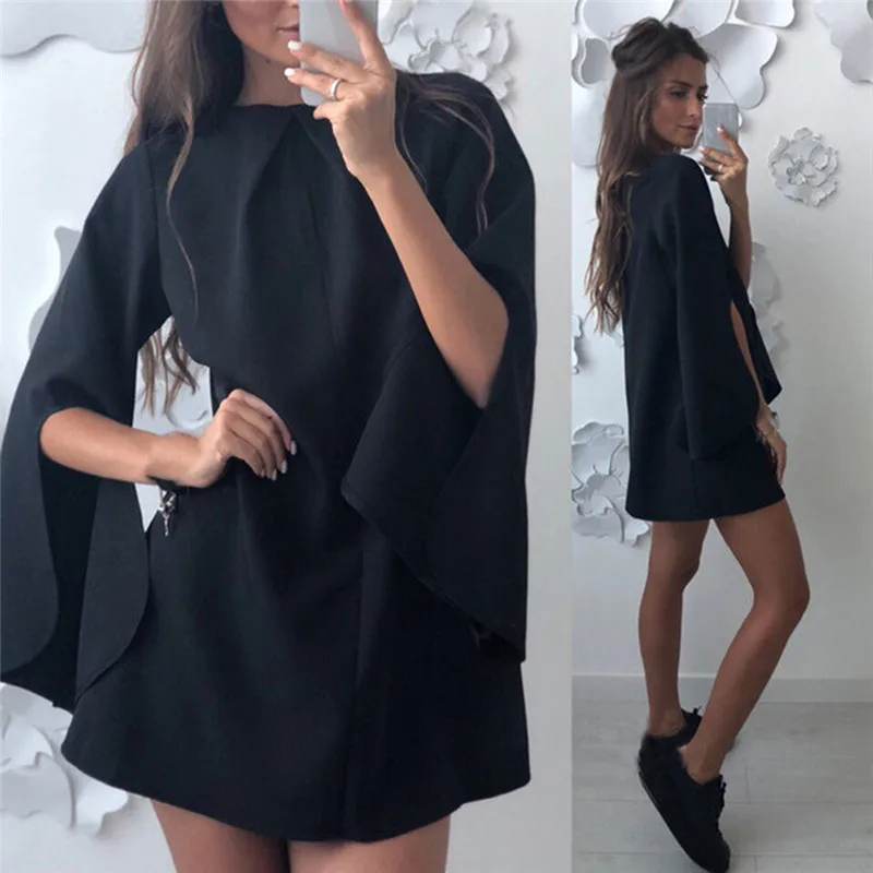 

Women Ruffled A Line Party Dress Ladies Split Long Sleeve O Neck Elegant Dress 2021Female Autumn Solid Mini Dress