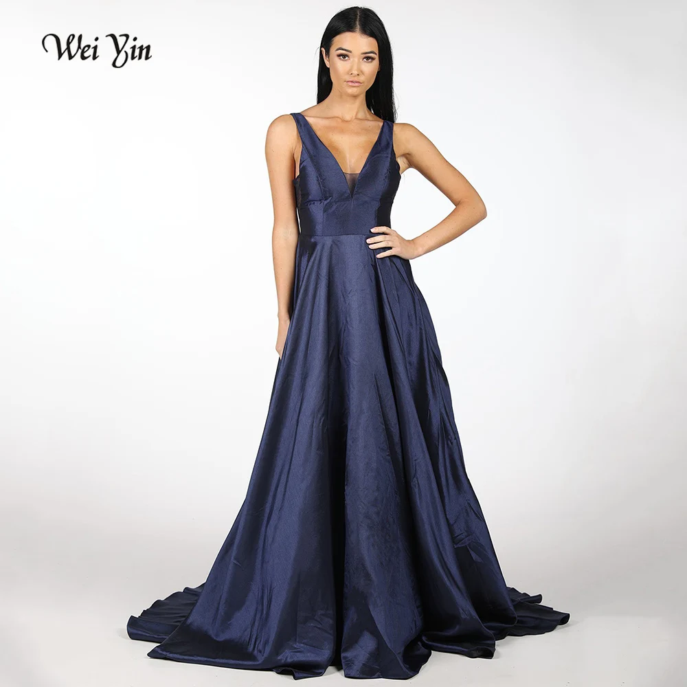 

Женское вечернее платье на бретельках Weiyin AE0565, темно-синее сексуальное платье с V-образным вырезом и открытой спиной, длинные платья для вып...