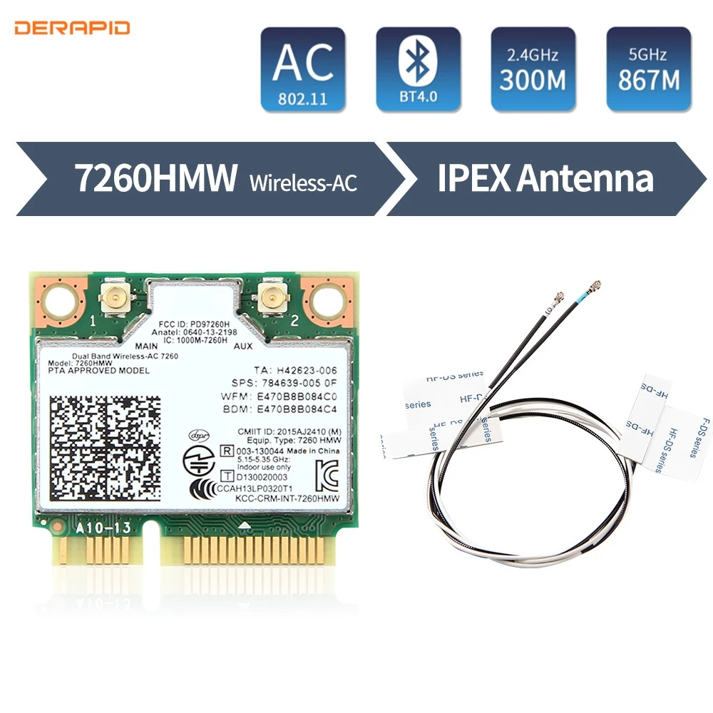 Двухдиапазонный 1200 Мбит/с 802.11AC для Intel7260 7260AC 7260HMW 2 4G/5 ГГц Bluetooth 4 0 Mini PCIe Wi Fi