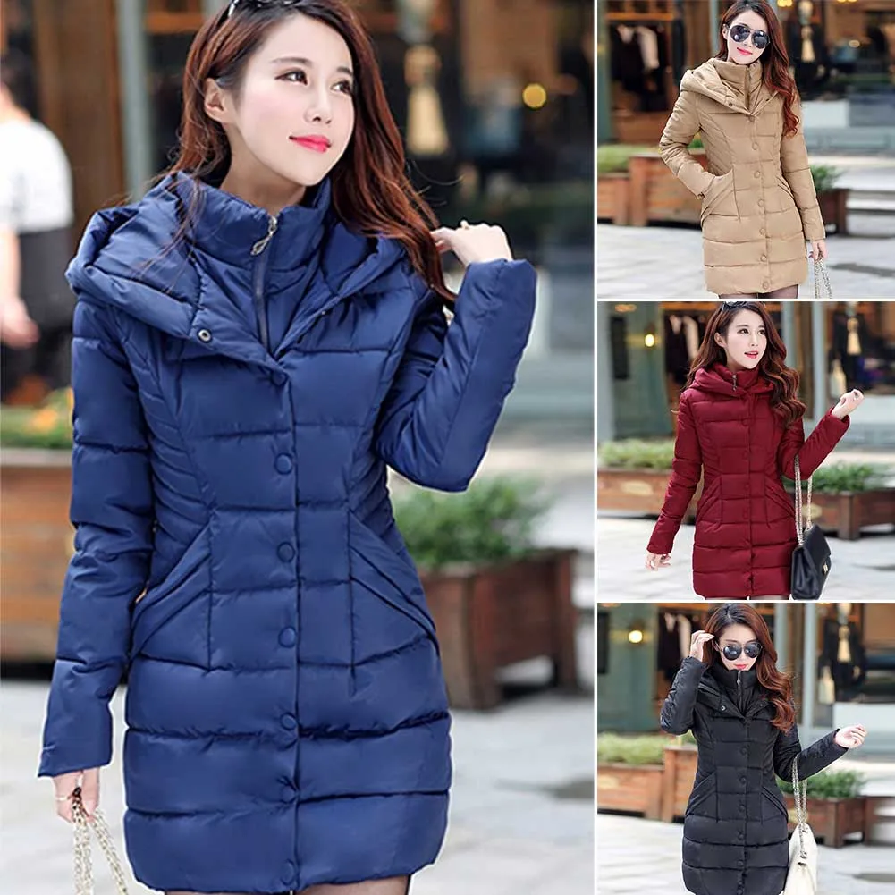 

Women Coat With Pockets Solid Soft Hooded Windproof Long Sleeve Warm Slim Adult Thickened Casual Comfortable Winter