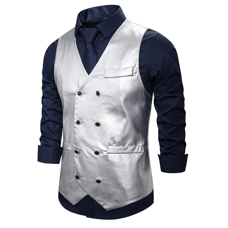 

Steampunk Mens Suit Vest 2021 Double Breasted Metallic Glossy Suit Waistcoat Male Night Club Party Disco Dress Vest Gilet Homme