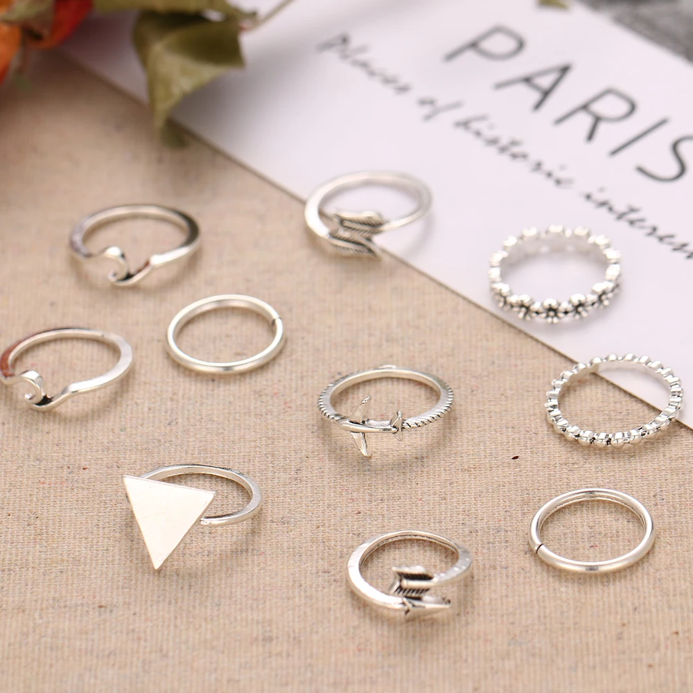 9 шт./компл. винтажное серебряное треугольное кольцо с геометрическим рисунком