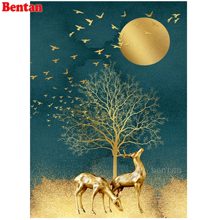 

DIY Diamond Painting Blue sky and golden elk moon landscape Full Square drill diamond Embroidery Cross Stitch Diamond mosaic