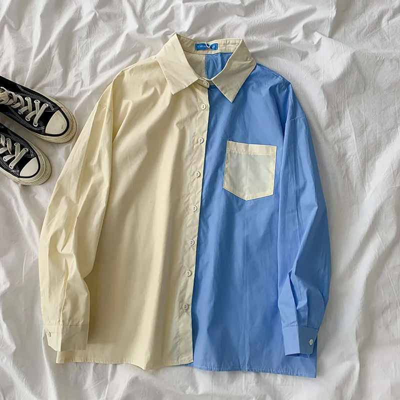 

Kimutomo Fashion Long-sleeved Shirt Women Spring New Korean Style Female Turn-down Collar Single Breasted Contrast Color Blouse