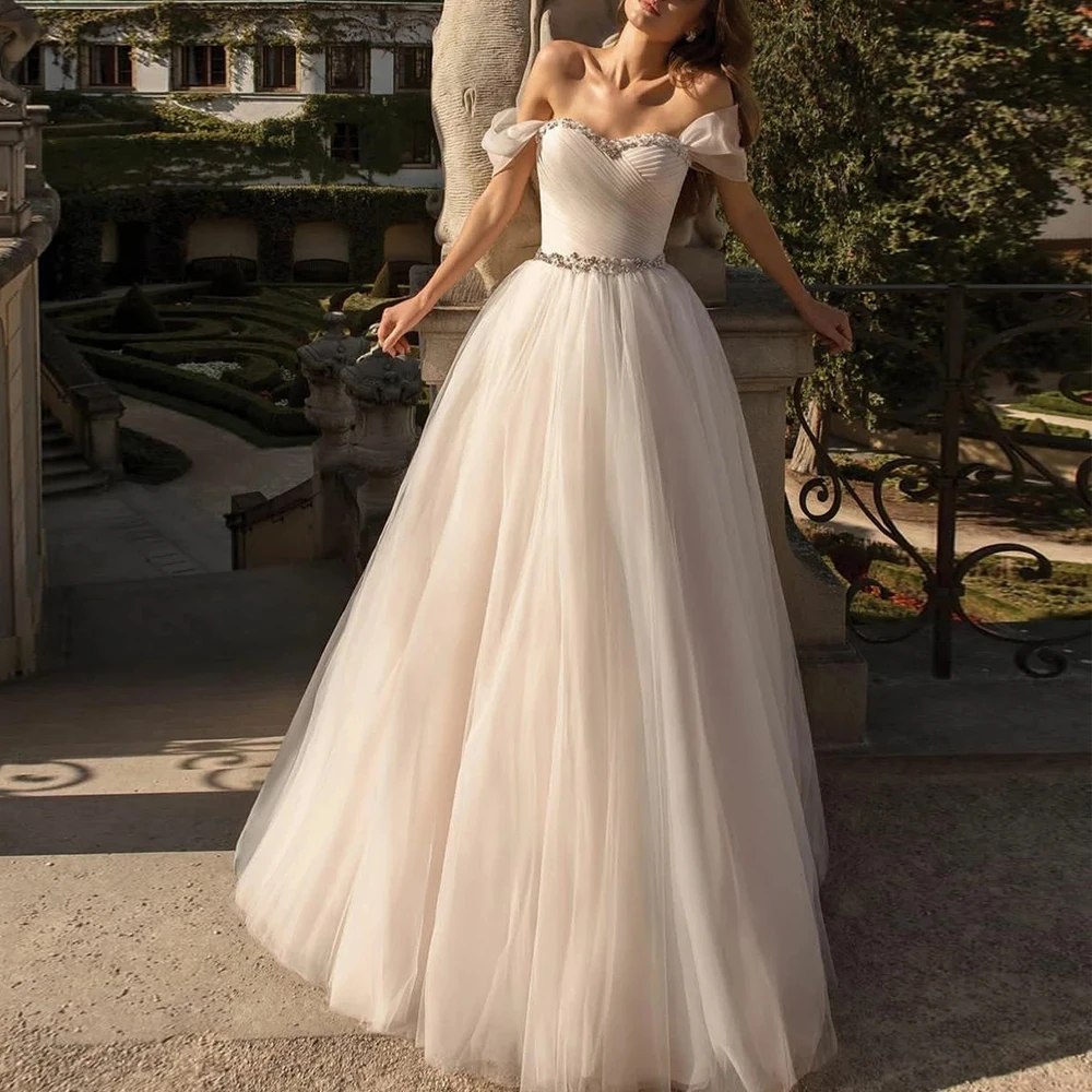 

Elegant A-Line Long Off Shoulder Beaded Wedding Dresses Floor Length Tulle Corset Back Brautkleid Robes de Soirée for Women