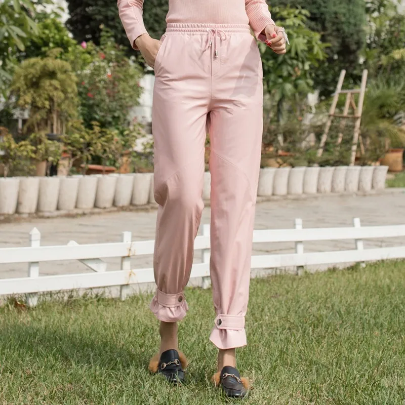 Casual Loose Fit Genuine Leather Sheepskin Womens Harem Pants Autumn Winter New Drawstring Waist Streetwear Ankle Length | Женская