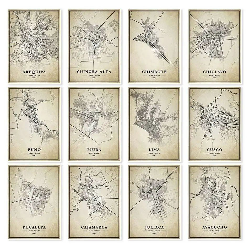 Перу Лима Куско Пьюра Трухильо Арекипа чиклайо Такна Винтаж Карта города холст
