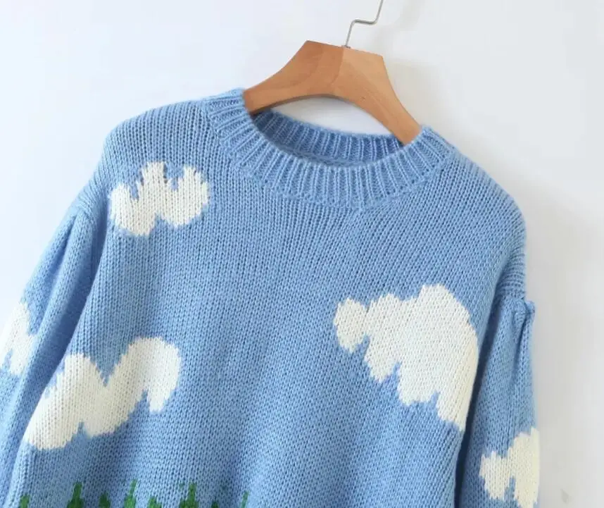

2021 Autumn Winter Jacquard Sweater Jumper Knitted Pullovers Women Happy Crewneck Sky Clouds Knitted Sweater w425