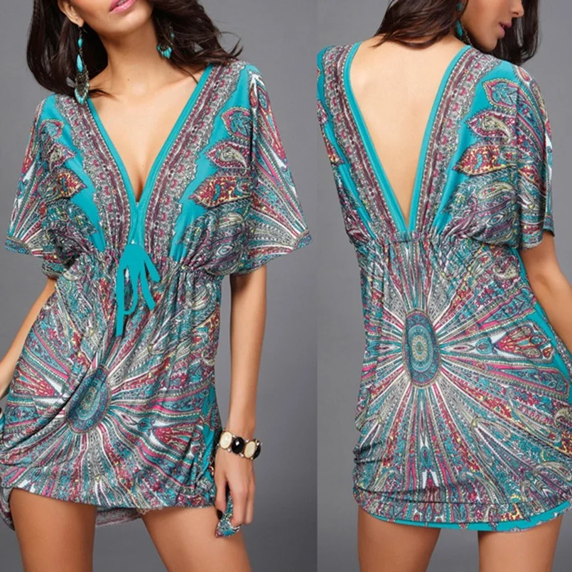 

Shirred Mini Dress Sexy Beach Short Loose Boho Style Ethnic Print Dress Women Sukienka Harajuku Xxl Deep V Neckline Dress Plunge