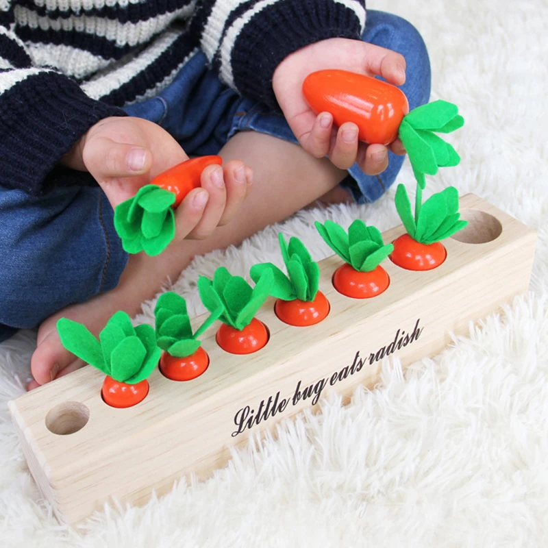 

Montessori Wooden Pull Radish Size Matching Sorter Toys Vegetables Fruits Memory Training Educational Sorters Pulling Radish Toy