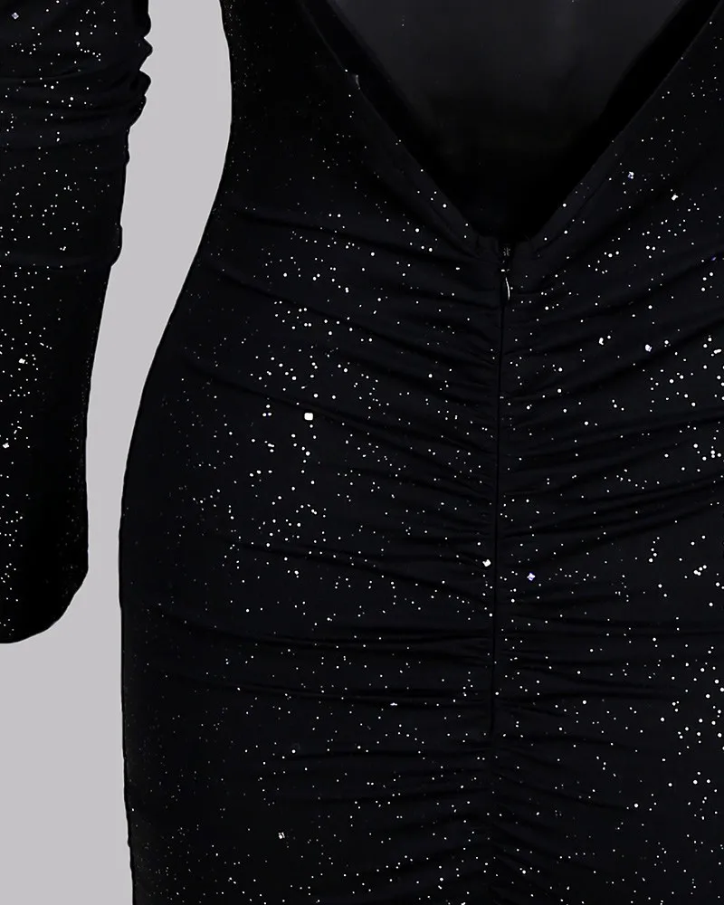 Блестящее облегающее платье с вырезом на спине рюшами разрезом для женщин