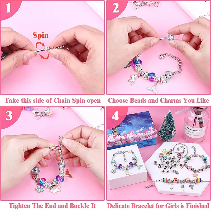 112 PCS DIY Charm Bracelet Necklaces Jewelry Making Kit with Pink Gift Box for Girls Women Valentines Birthday Christmas Gift