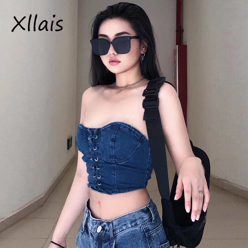 

XLLAIS Women Summer Spring Short Denim Top Sexy Strapless Lace Up Camisole Female Vintage Camis Streetwear Bustier