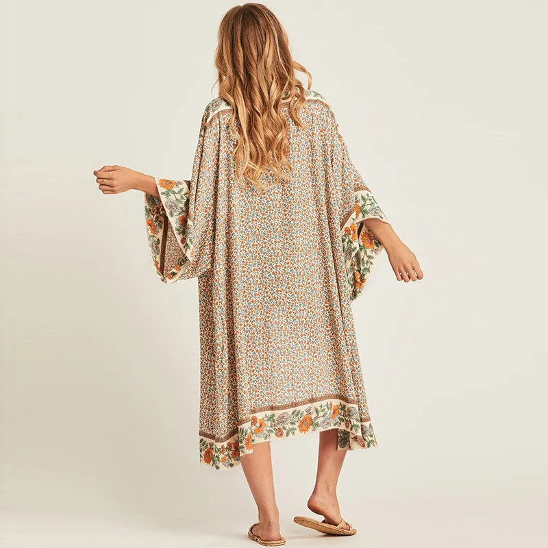 Beach Cover-Ups Positioning Print Dress Bikini Swimwear Vacation Variegated Flower Sexy Long Sleeve Bathing Suit Women Plus Size
