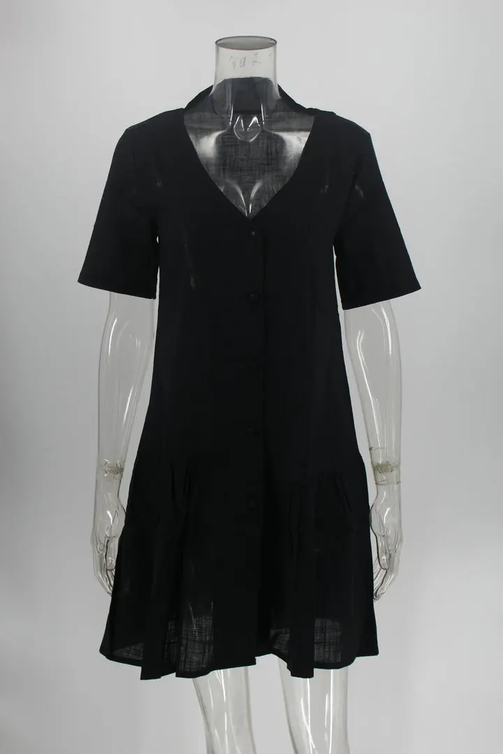 

WEPBEL Summer Ruffles Stitching Dress Women's Short Sleeve Single-Breasted Solid Color V-neck Slim Dress