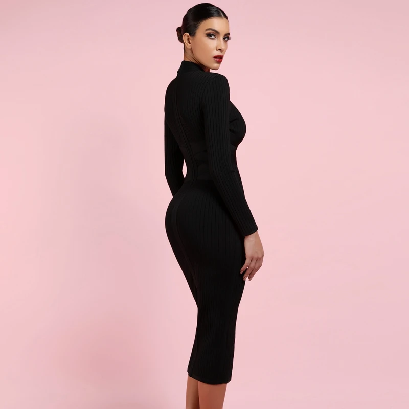 

Bodycon Dress 2020 Nude Turtleneck Rayon Long Sleeve Bandage Dress High Quality Ribbed Womens Midi Bandage Dress Sexy