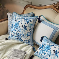 2022 cushion cover decorative pillow case vintage chinese style blue white porcelain birds flora coussin art room decorating