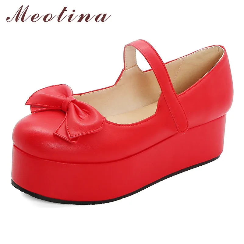

Женские туфли на плоской подошве Meotina, Туфли Мэри Джейн из искусственной кожи, с бантом, с круглым носком, Лолита, красные, Размеры 33-41, весна