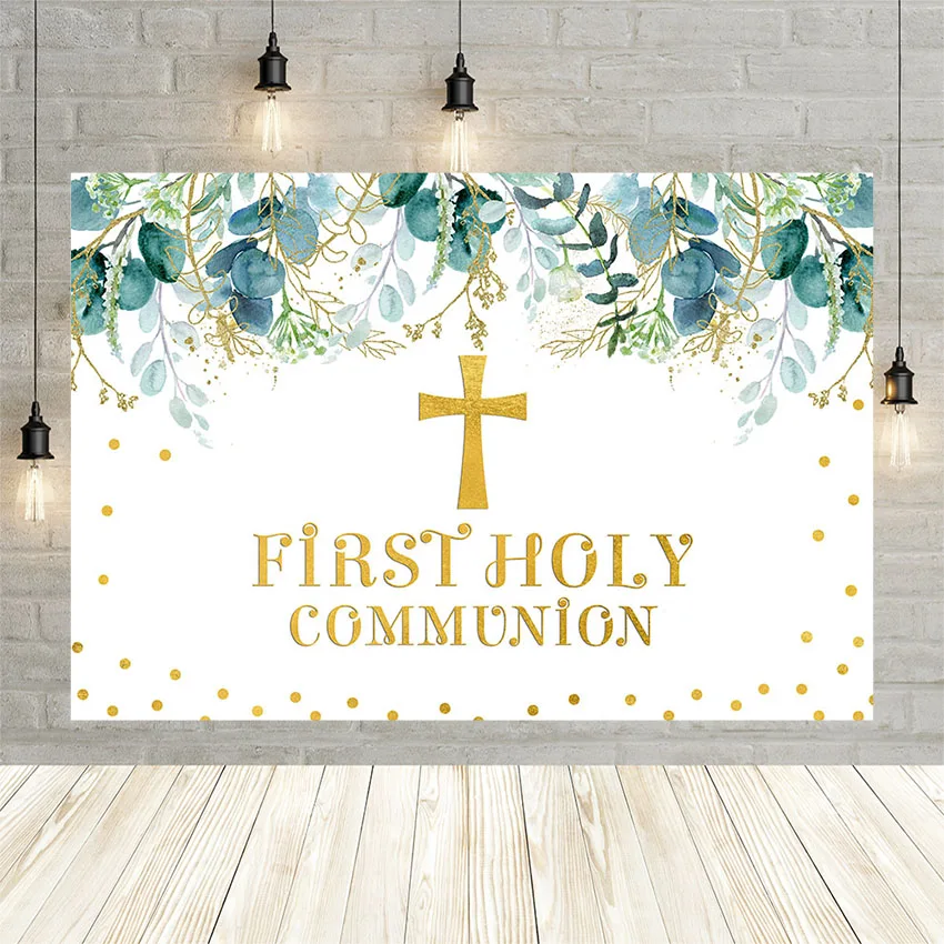 

Avezano Boy First Holy Communion Backdrop Banner Green Leaves Gold Cross Dots Baby Shower Photography Background Photo Studio