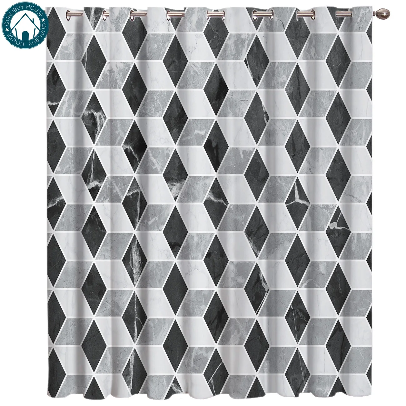 Черно серые занавески с геометрическим мраморным узором большие Оконные