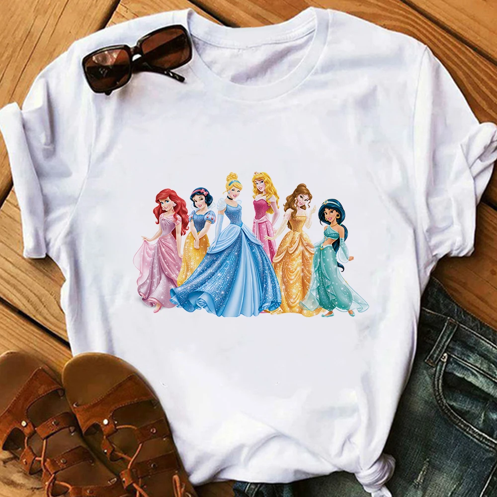 Disney T-shirt Women Cartoon Ariel Snow White Cinderella Aurora Jasmine Belle Princesses Party Summer T Shirt O-Neck White Tops