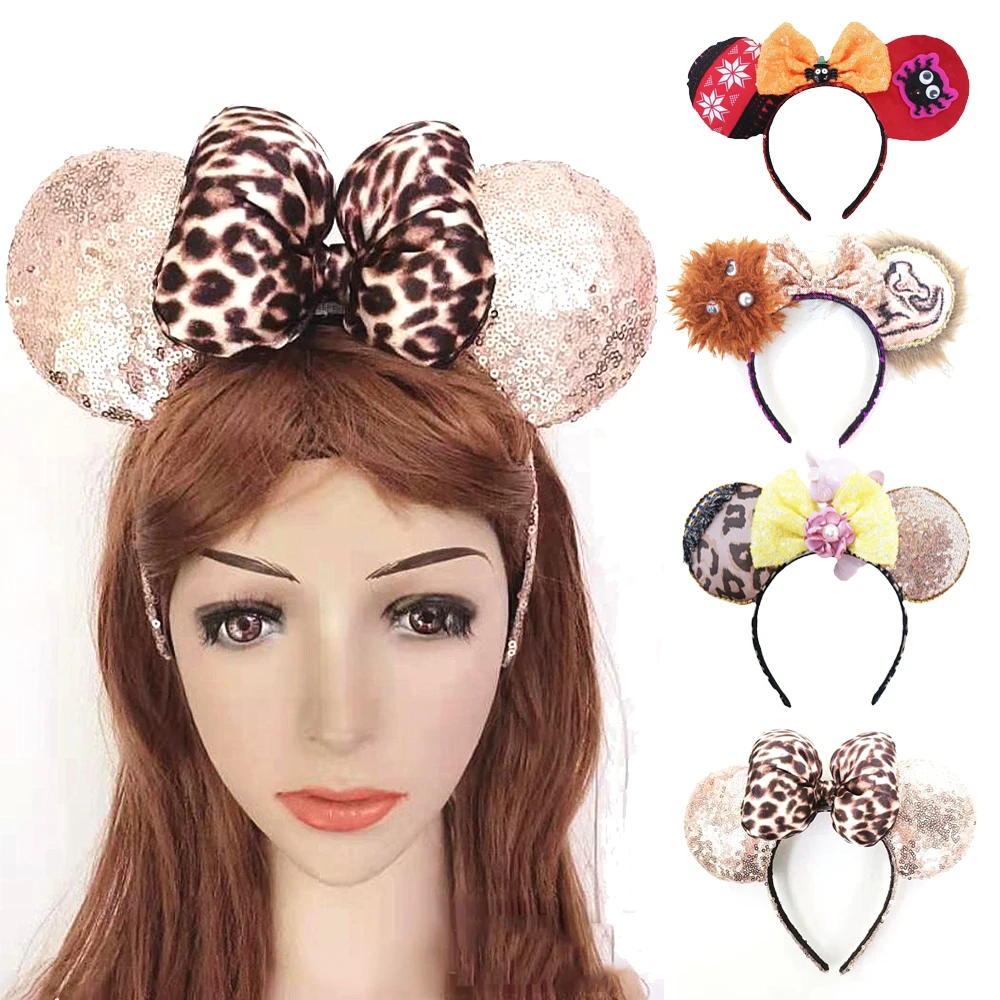 

New Mickey Mouse Ears Headband New Popular Leopard Print Big Hair Bow Girl Adult Carnival Party Minnie Hairband Hair Accessories