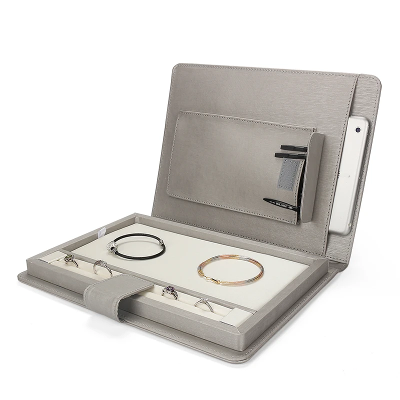 

New Gray Pu Leather Magnetic Button Jewelry Ring Pendent Display Trays Multifunction For Jewellery Organizer Potable For Travel