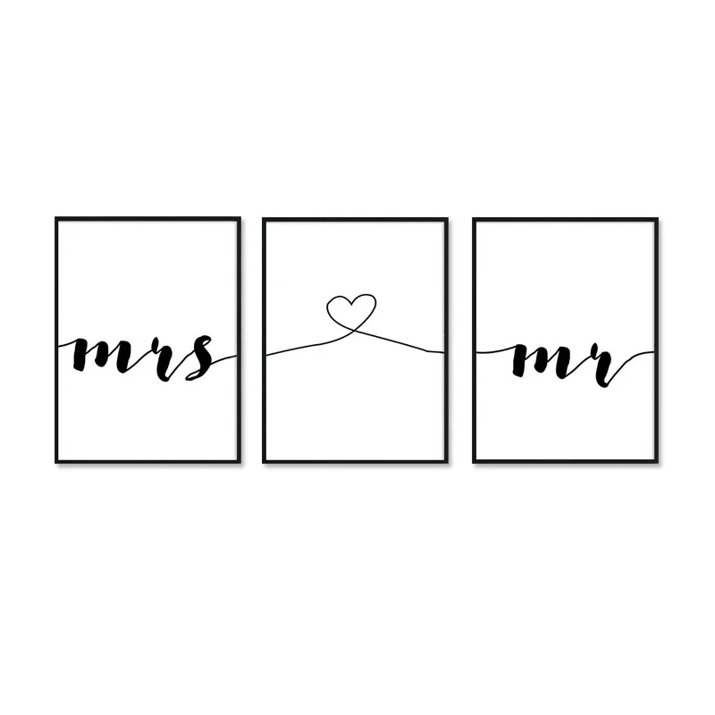 3 шт. настенная живопись Mr Mrs Words Печать на холсте картина Сердце Линия картинки