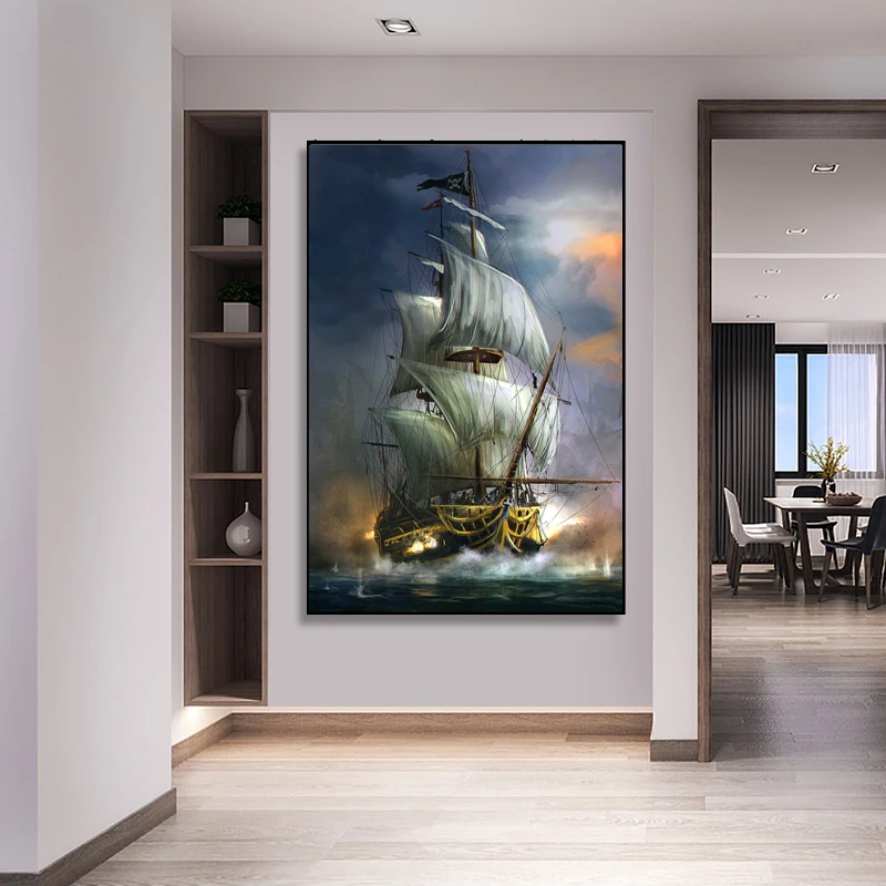 

Canvas Painting Pirate Ship Wall Art Vintage Sailing Ships Poster Print Wall Picture for Living Room Home Hotel Interior Decor