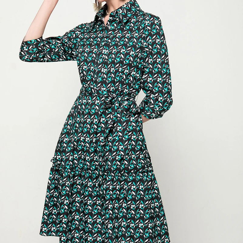 

2021 Summer New Style Bohemian Retro Print Middle Sleeve Single Breasted Belt Slim Fit Temperament Shirt Dress Women'S Clothing