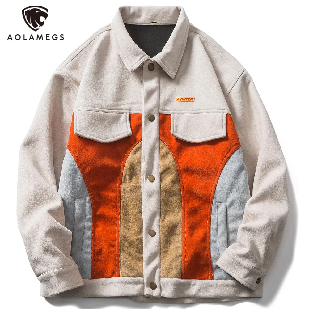 

Aolamegs Retro Men's Jackets Harajuku Hit Color Patchwork Coats Unisex High Street Streetwear Casual Basketball Varsity Jackets