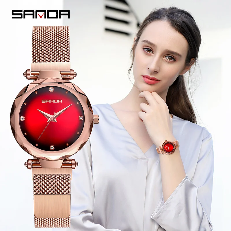 Sanda Luxury ladies Crystal Watch Women Dress Watch Fashion Rose Gold Quartz Watches Female Stainless Steel Wristwatches P1003