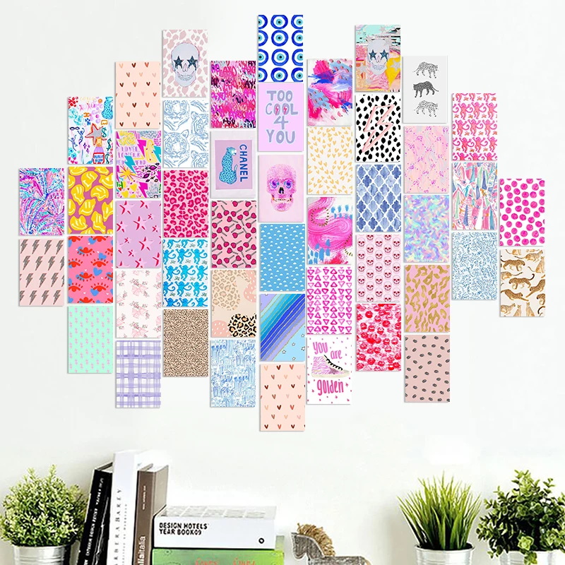 Kits de Collage de pared de imagen est&eacute;tica Preppy, decoraci&oacute;n de dormitorio de Color c&aacute;lido, impresiones art&iacute;sticas de pared, carteles para sala de estar para ni&ntilde;as, 48 Uds.-0