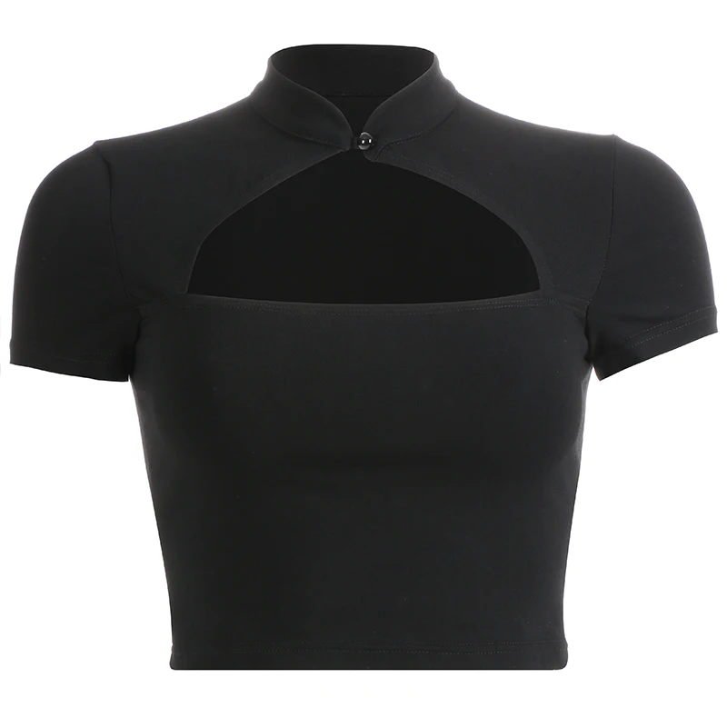 Повседневные Черные женские футболки в китайском стиле Харадзюку короткий рукав