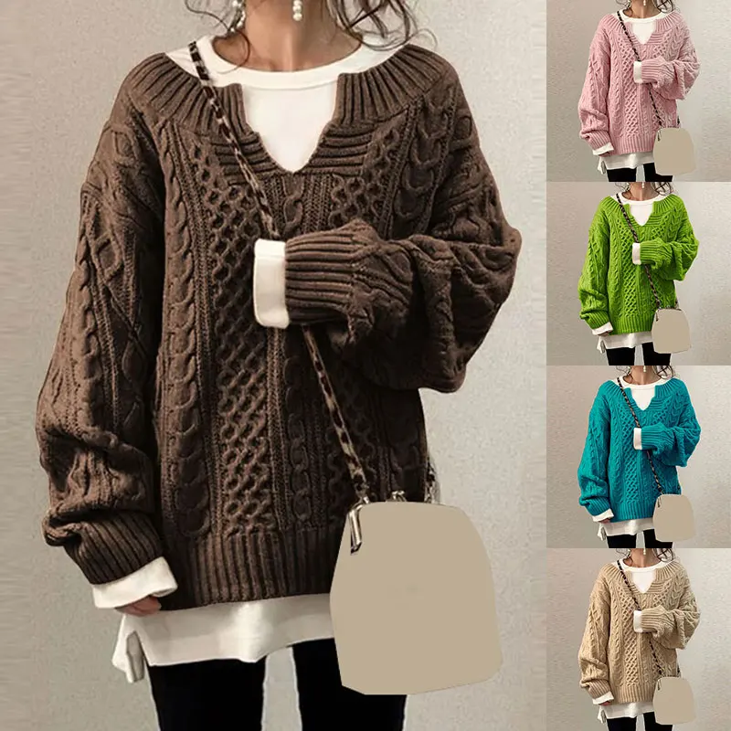 

Женский вязаный Свитер оверсайз, Свободный пуловер, сезон осень-зима, вязаные топы средней длины, Женский однотонный длинный свитер