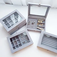 grey velvet jewelry storage boxes earring necklace ring jewelry organizer case portable glass cover travel box home decor gifts