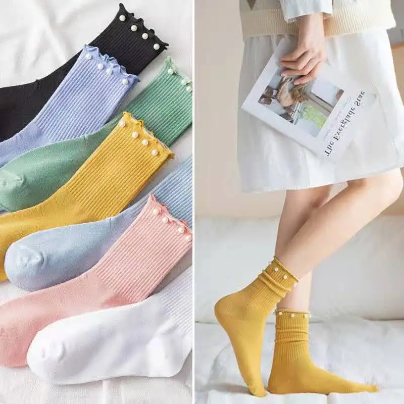 

Pearl lace stockings children's middle tube stockings auricular curl solid Japanese JK pile stockings women's Korean Trend