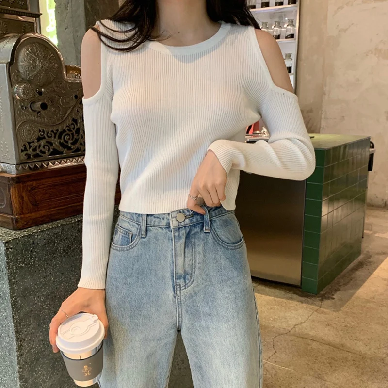 Женский дизайнерский короткий облегающий вязаный маленький свитер с открытыми