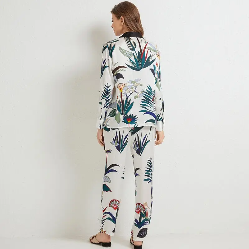 High-grade 100% Natural Silk Women's Pajama Set Plant Printing Real Silk Sleepwear Ladies 2PCS Genuine Silk Pijama Mujer