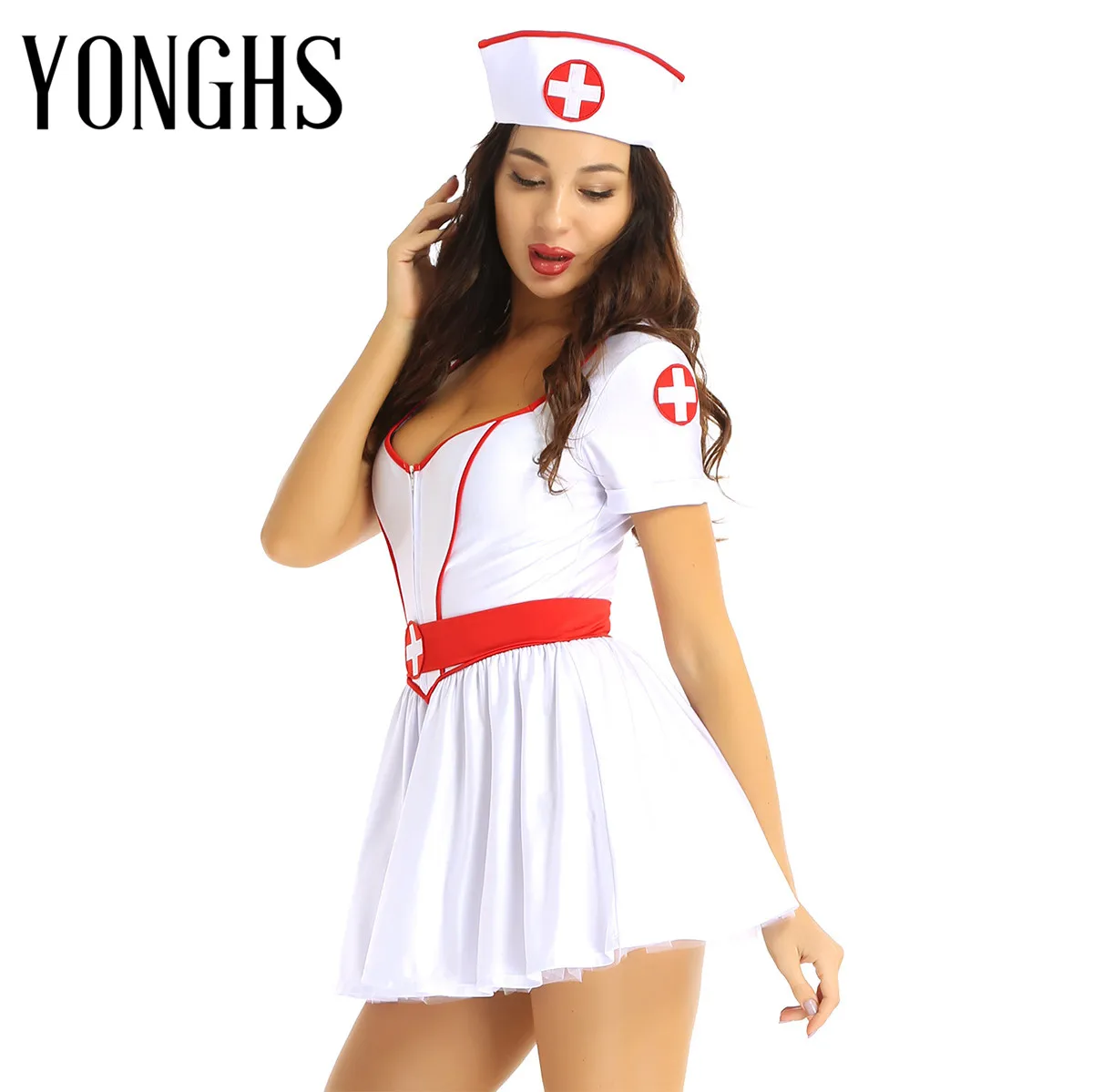 

Women Naughty Nurse Cosplay Costume Halloween Party Outfit Sweetheart Neckline Short Sleeves Tutu Dress with Headband and Belt